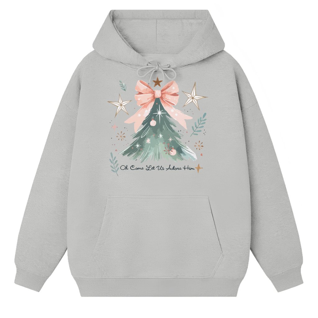 Oh Come Let Us Adore Him Hoodie – Christian Christmas Gift Coquette Bow Tree - front view