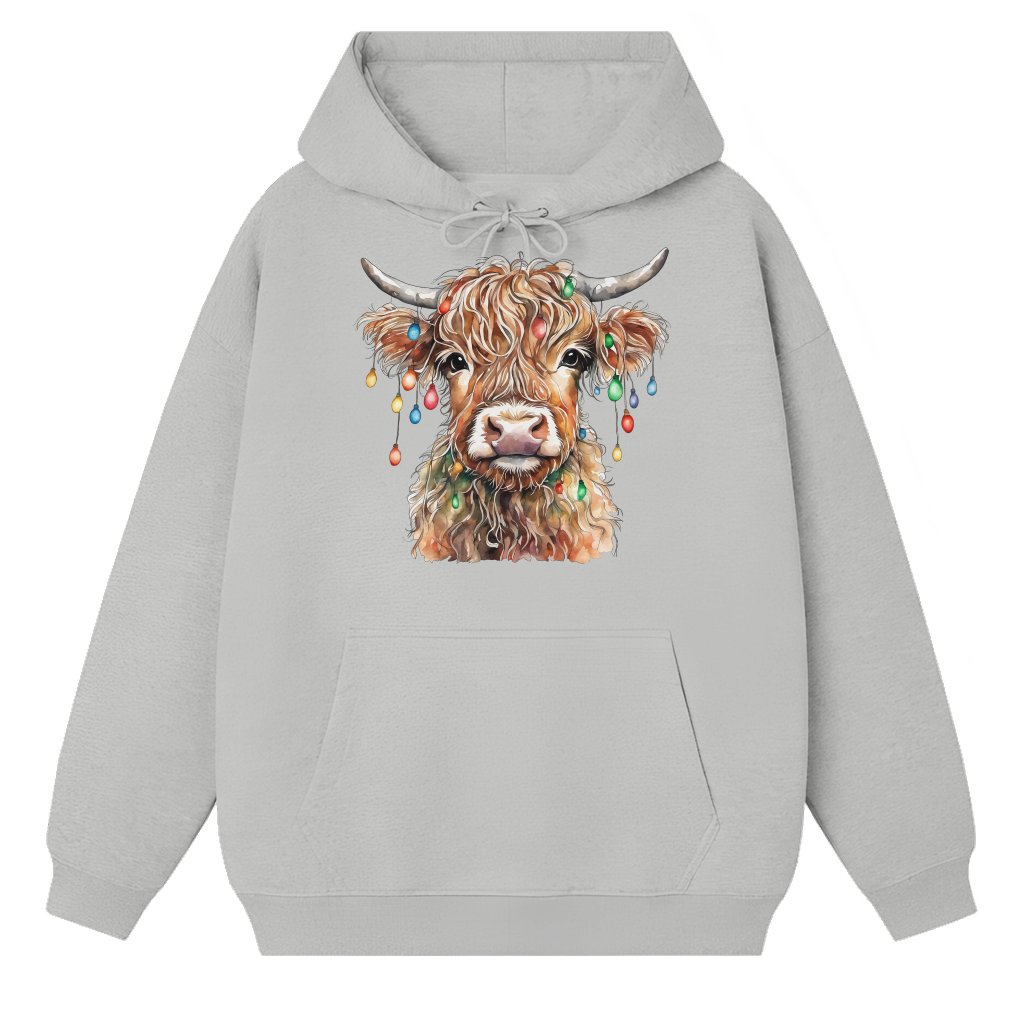 Cute Highland Cow Lights Hoodie – Christmas Gift for Cow Lover Funny - front view
