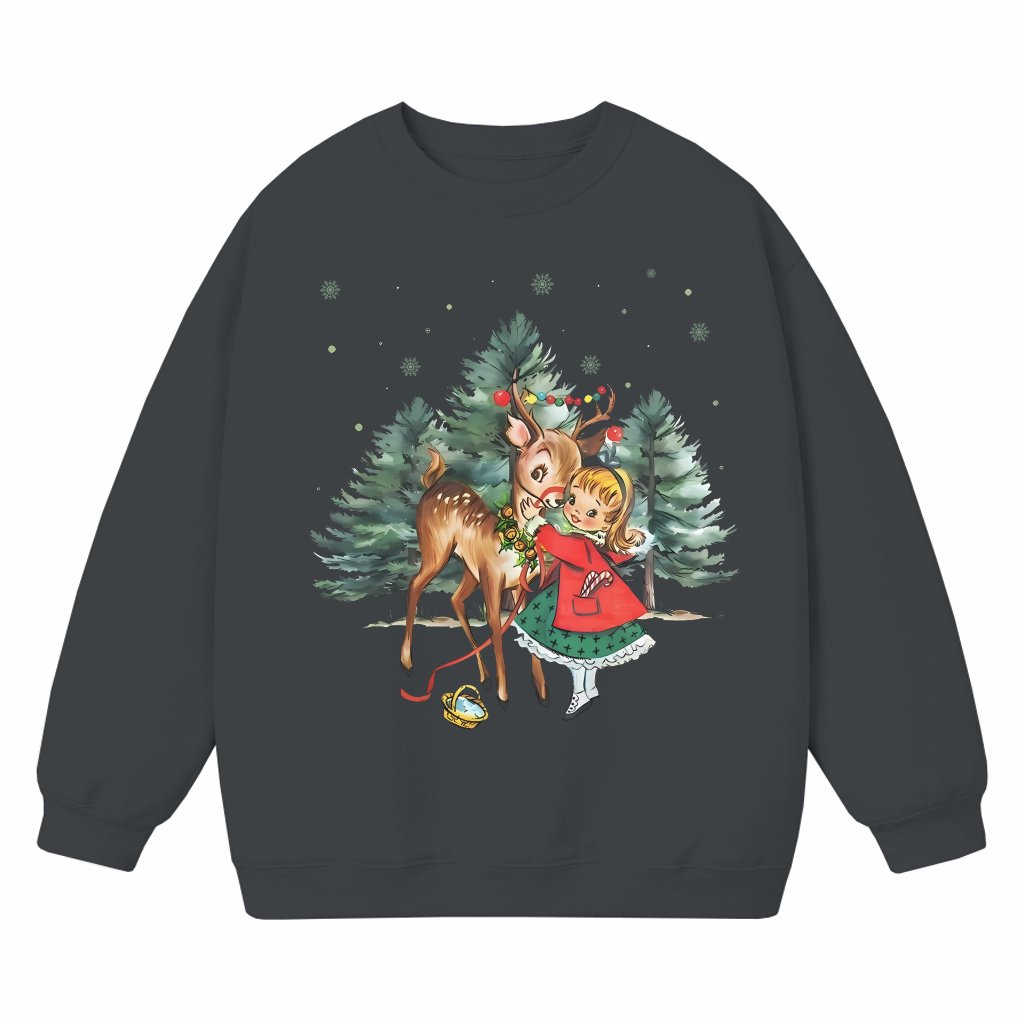 Vintage Girl Reindeer Sweatshirt – Christmas Gift Retro 1950s Style - front view