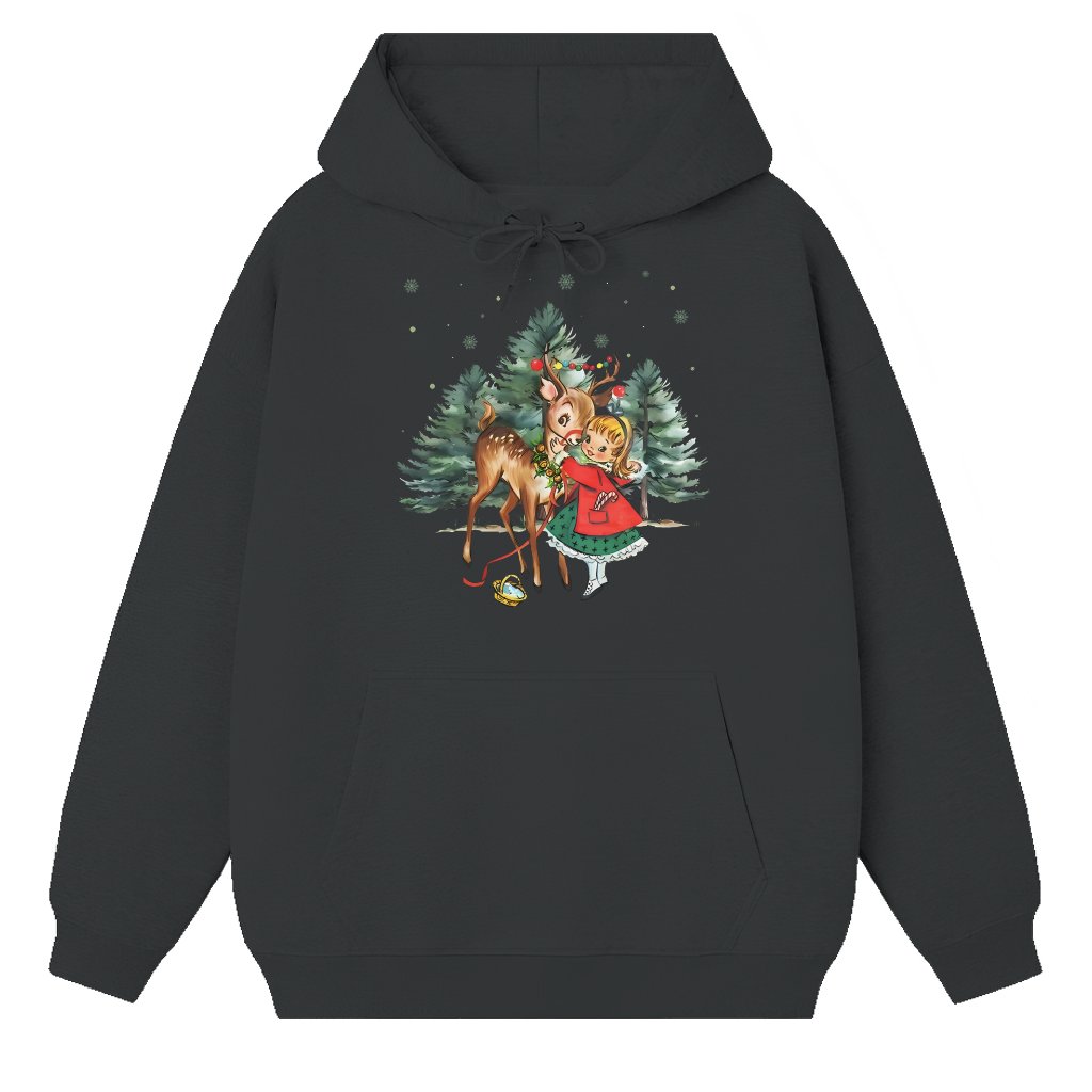 Vintage Christmas Girl Reindeer Hoodie – Christmas Gift for Her Retro 1950s - front view