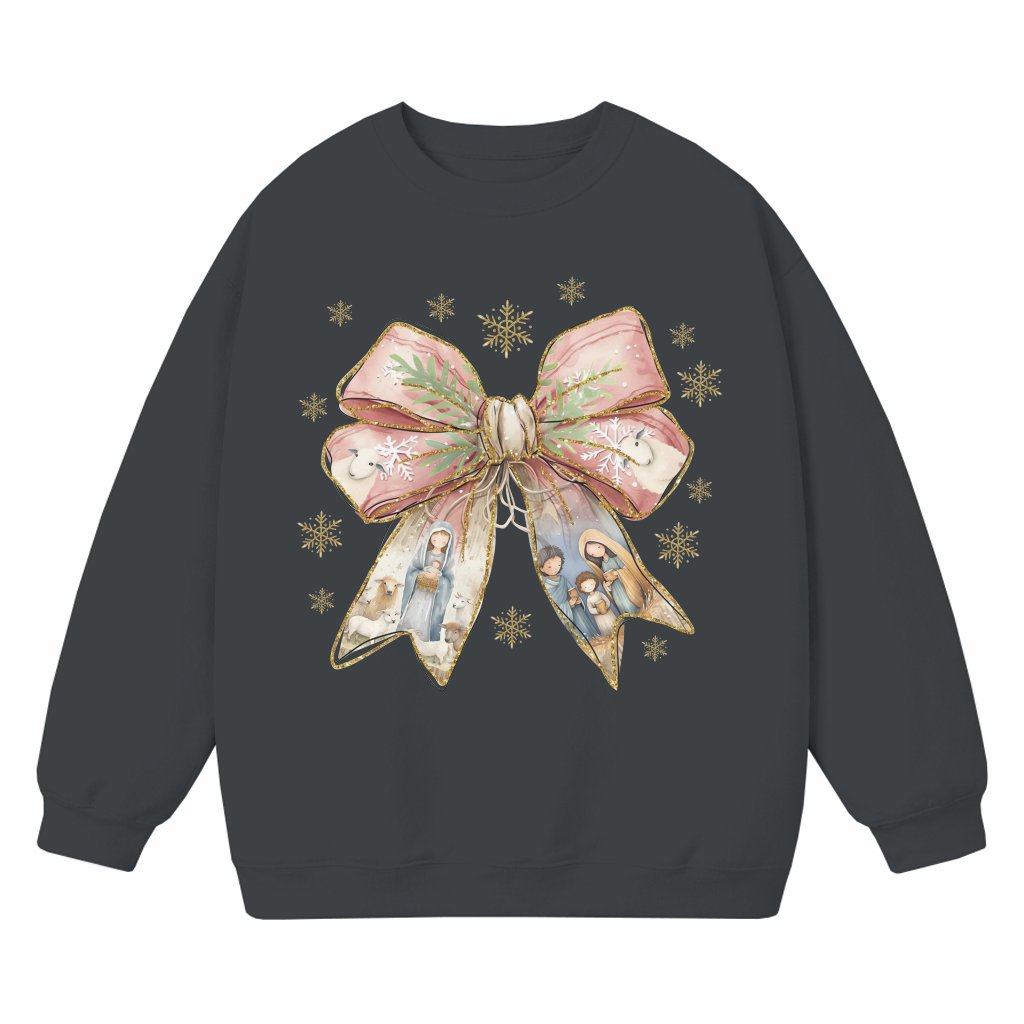 Coquette Bow Christian Nativity Scene Sweatshirt – Christmas Gift for Women Pink - front view