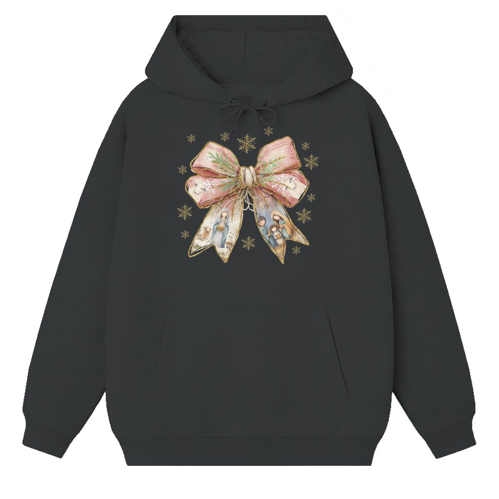 Coquette Bow Jesus Nativity Scene Hoodie – Christmas Christian Gift - front view