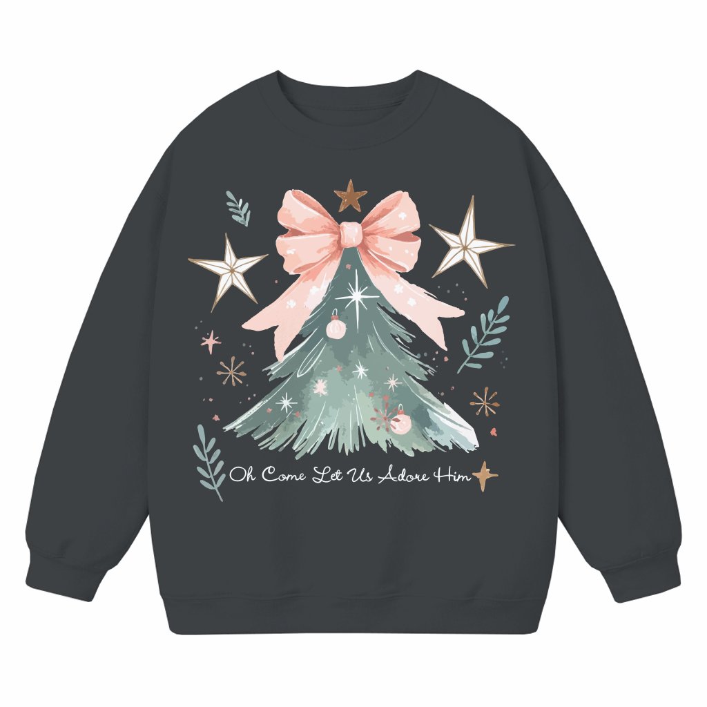 Coquette Bow Christmas Tree Sweatshirt – Christmas Gift for Her Trendy - front view