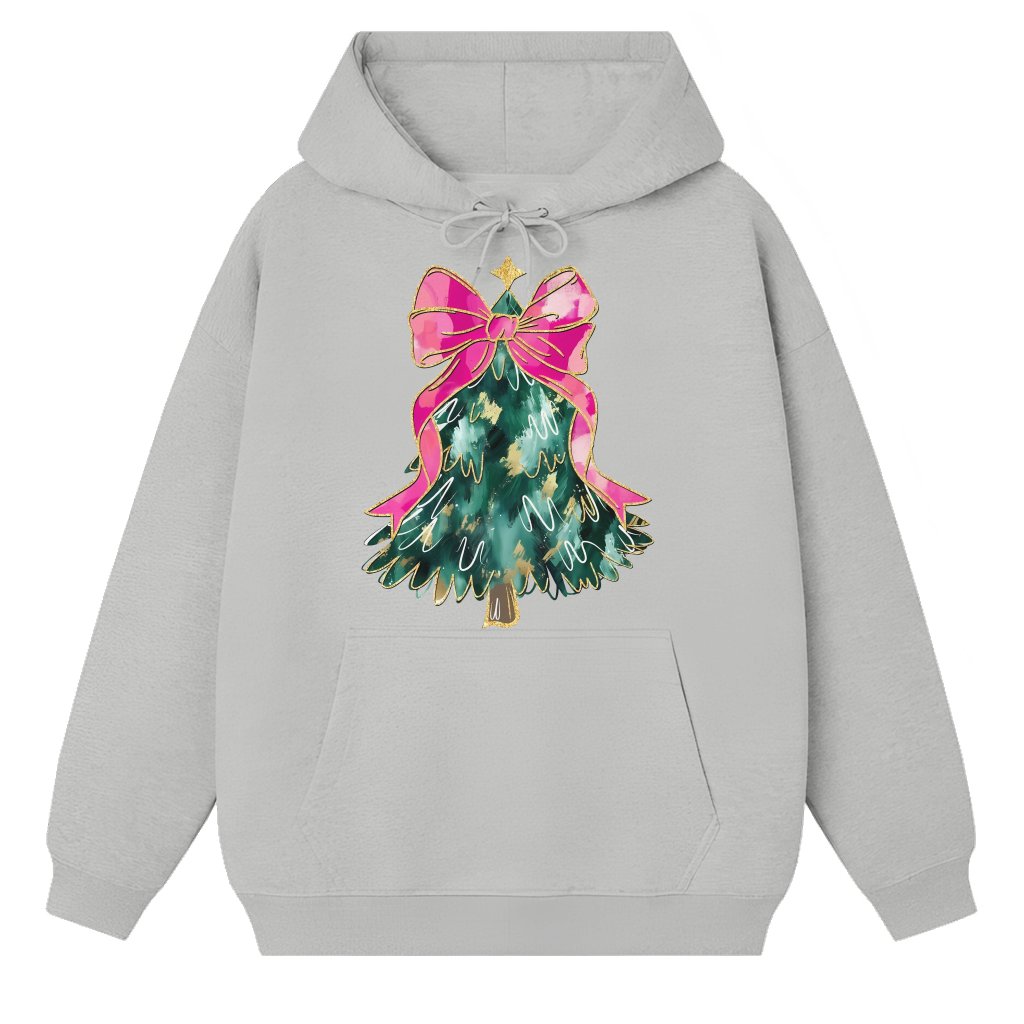 Pink Coquette Christmas Tree Hoodie – Christmas Gift for Her Girly Bow Trendy Glitter - front view