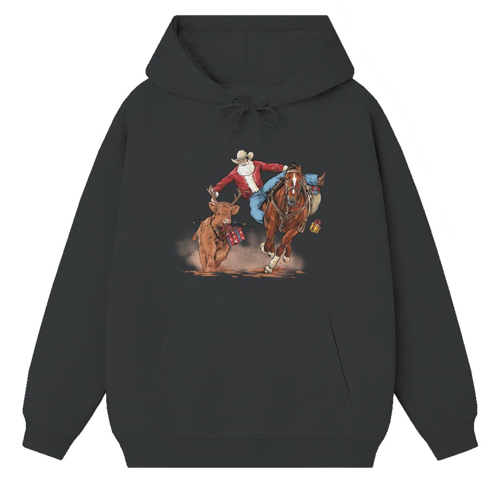 Funny Santa Bulldogging Hoodie – Christmas Gift for Men Women Graphic Print - front view