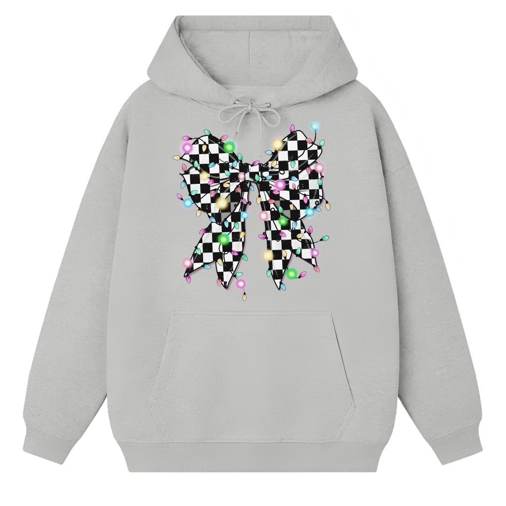Checkered Coquette Bow Christmas Lights Hoodie – Christmas Gift Trendy - front view