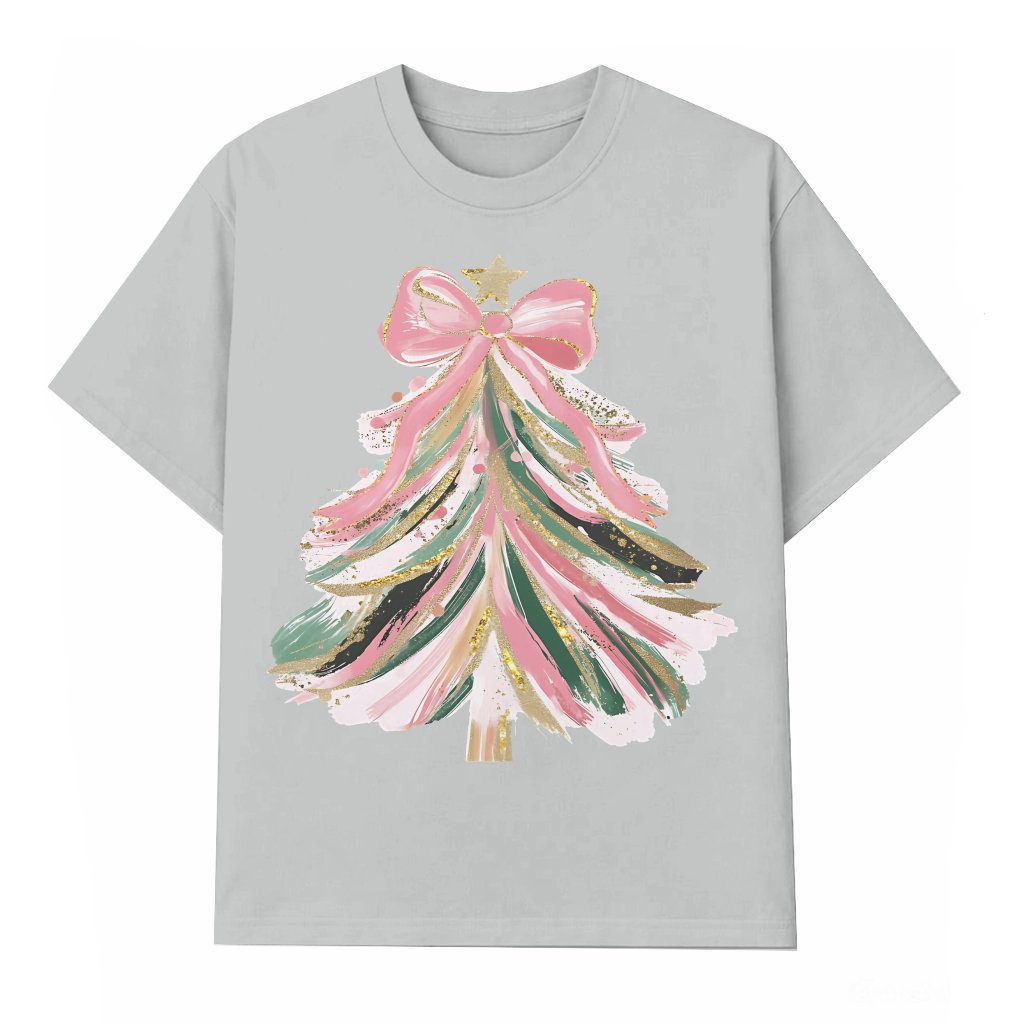 Colorful Christmas Tree T-shirt – Christmas Gift for Her Trendy Coquette Bow - front view