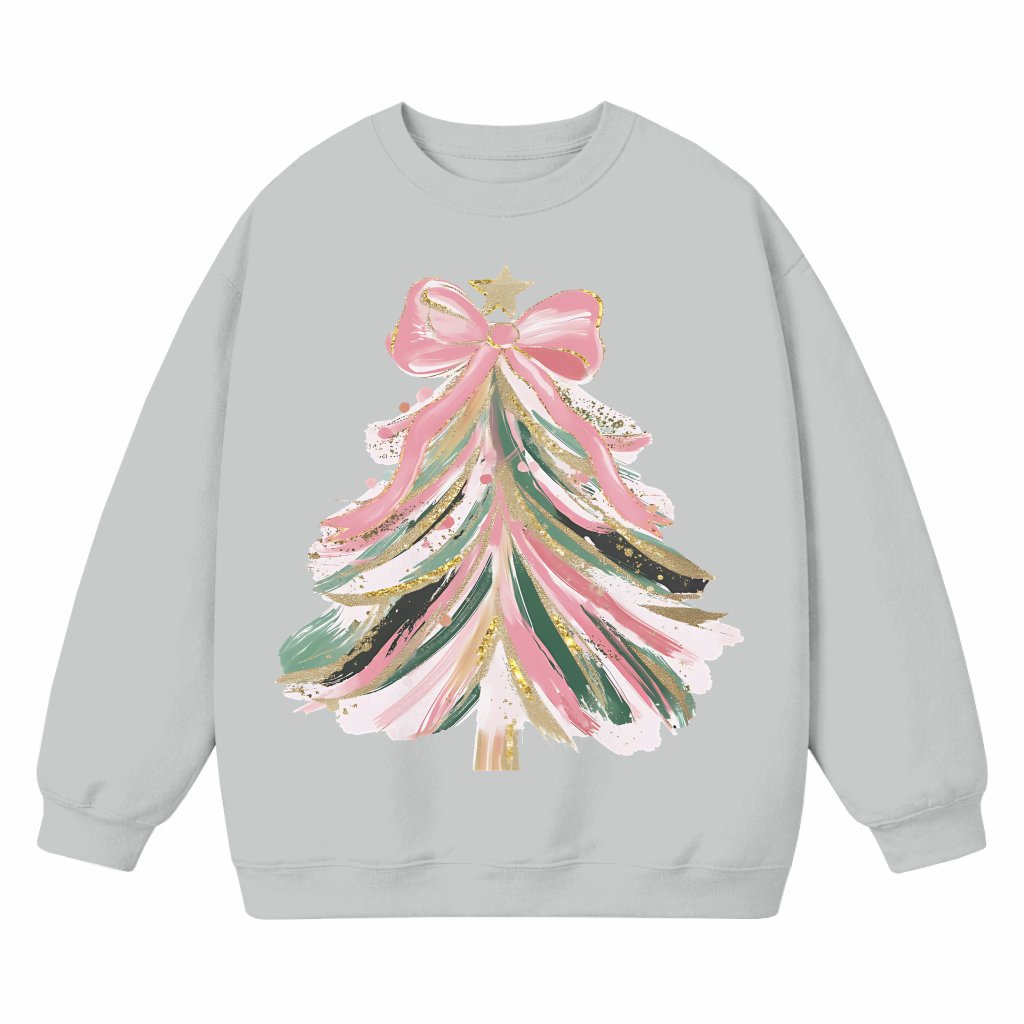 Coquette Pink Bow Christmas Tree Sweatshirt – Christmas Gift for Her Hand Drawn Doodle - front view