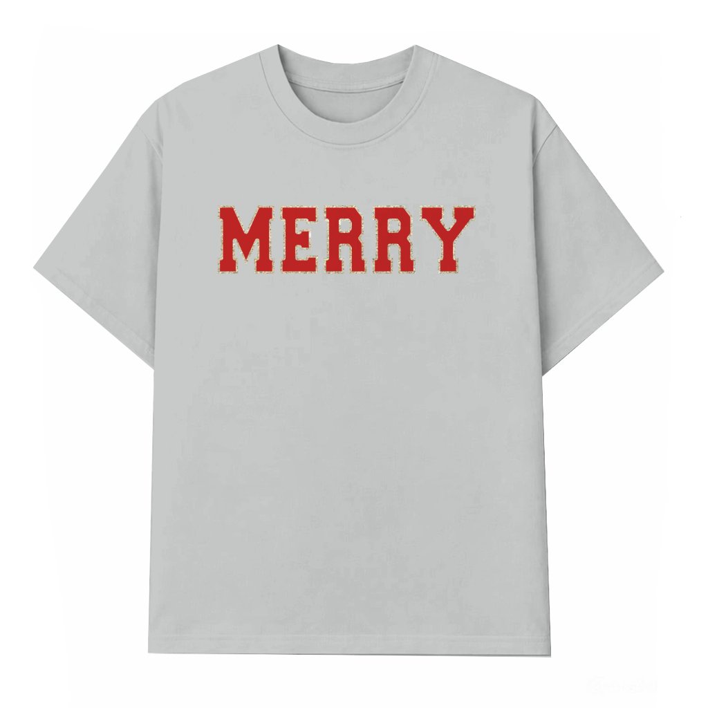 Merry Chenille Patch T-shirt – Christmas Gift for Women Cute Retro - front view