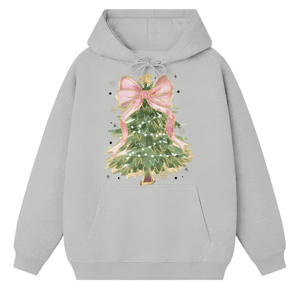 Coquette Christmas Tree Hoodie – Christmas Gift for Her Glitter Bow Watercolor - front view
