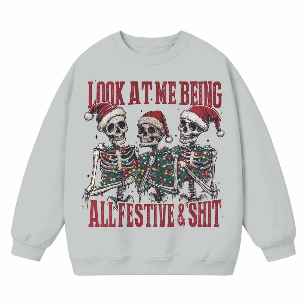 Funny Sarcastic Skeleton Sweatshirt – Christmas Holiday Skull Santa Gift - front view