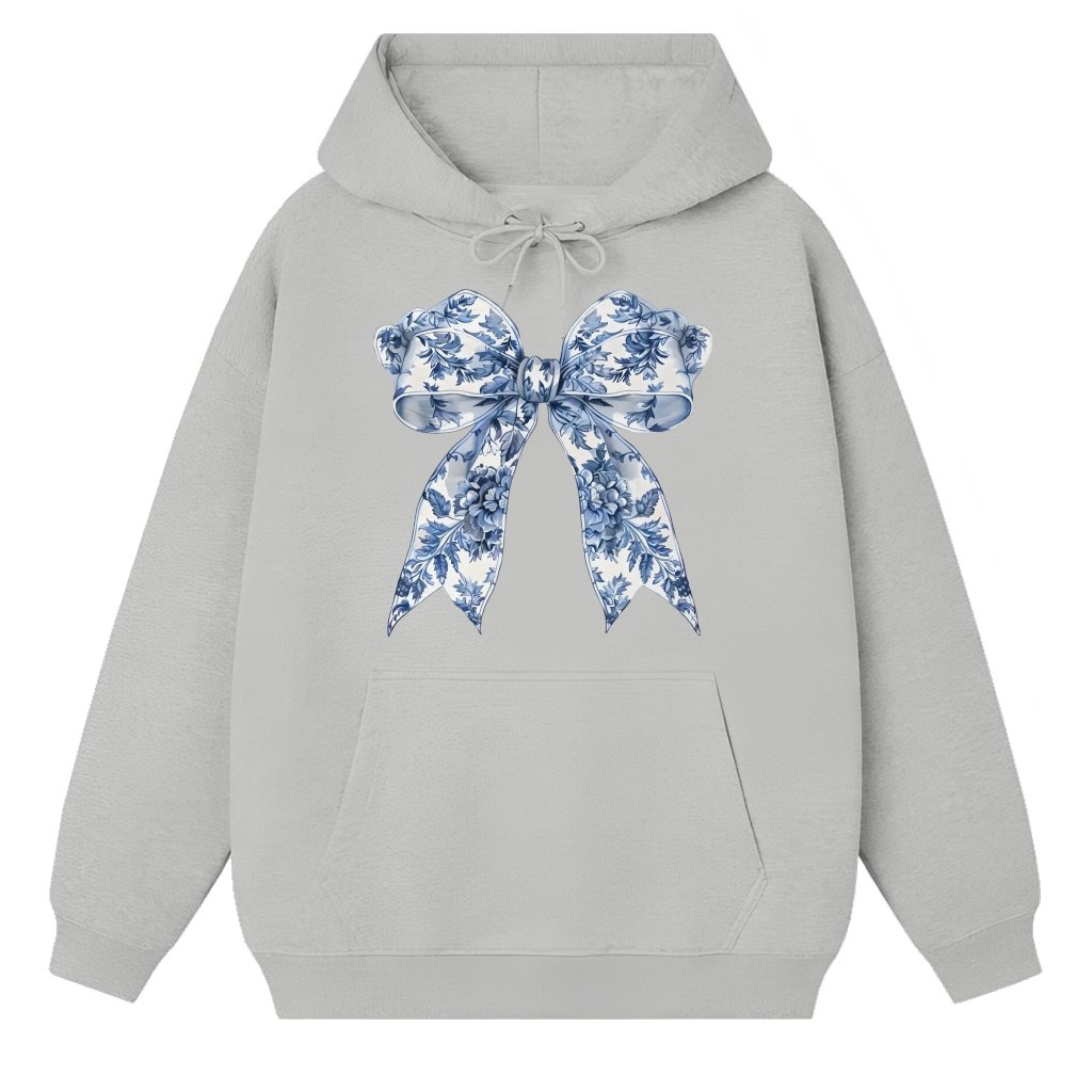Blue Toile Bow Hoodie – Christmas Gift for Women Trendy - front view