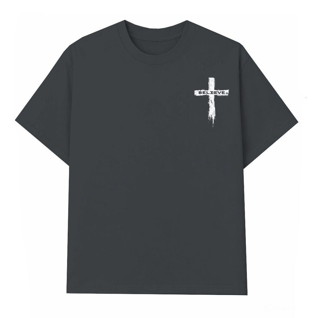 Christian Cross Believe T-shirt – Religious Inspirational Gift for Men - front view