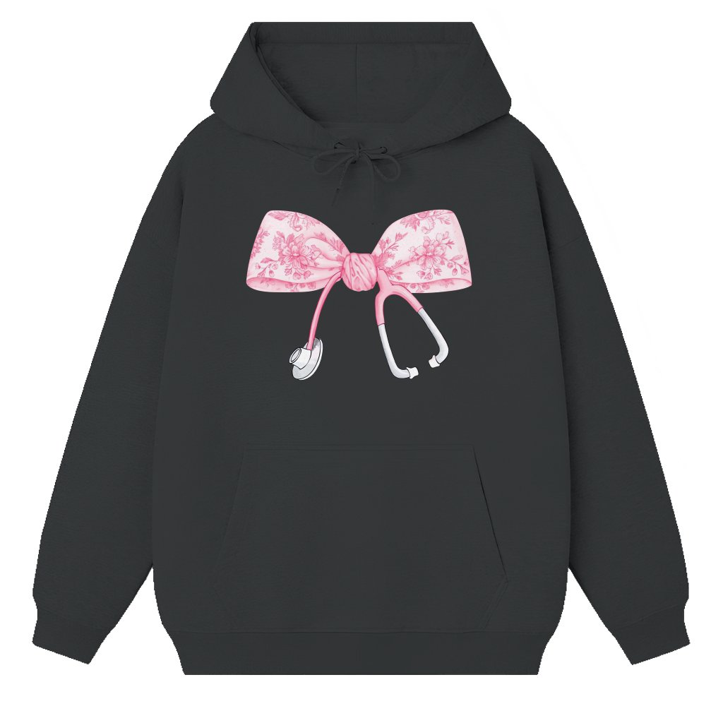 Coquette Nurse Hoodie – Gift for Nurses Pink Stethoscope Bow Cute Trendy - front view