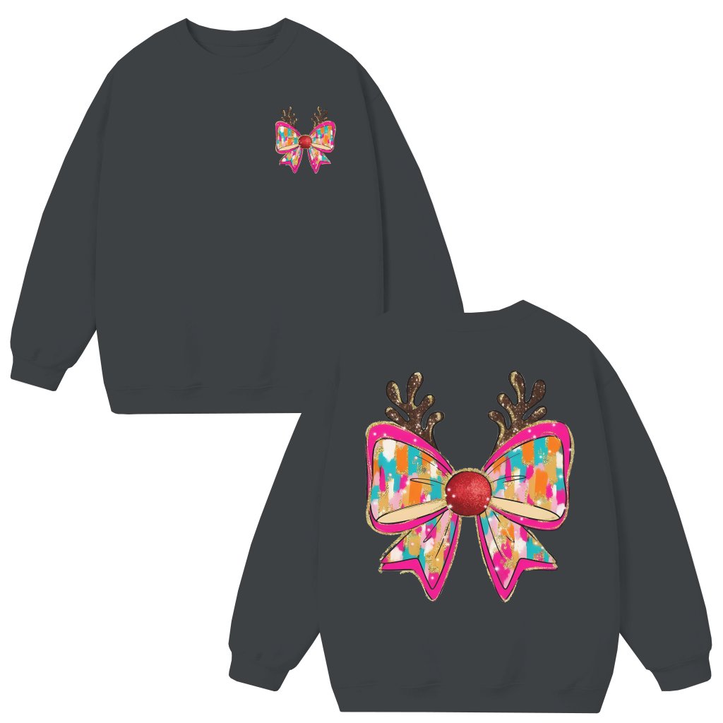 Festive Reindeer Bow Sweatshirt – Christmas Gift for Unisex Glitter Antlers Cozy - front view