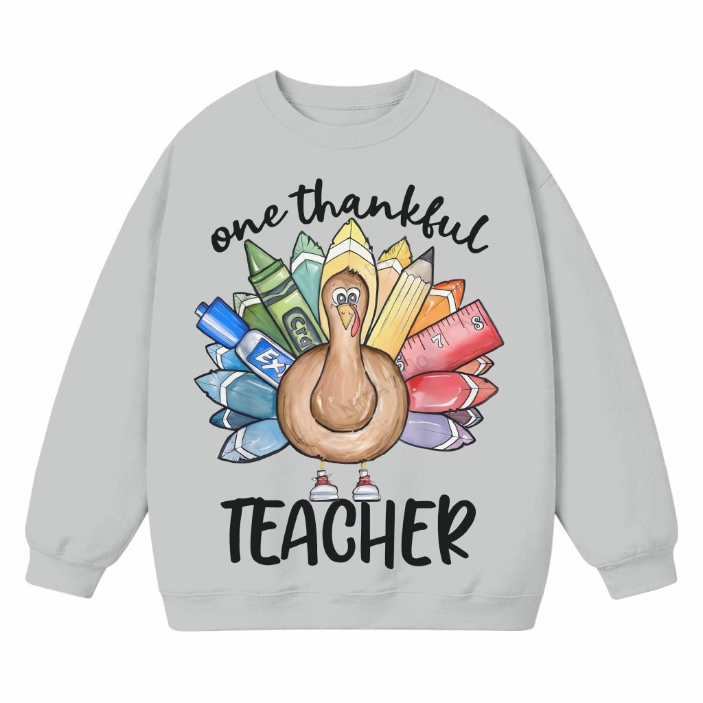 Thankful Teacher Sweatshirt – Thanksgiving Gift for Teacher Cute Turkey Crayon Graphic - front view