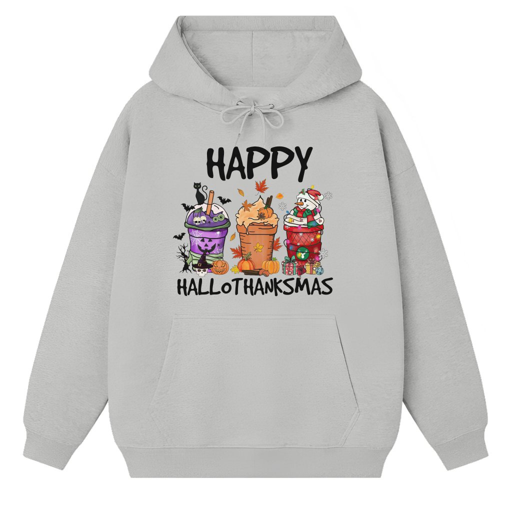 Happy Hallothanksmas Hoodie – Holiday Gift Coffee Pumpkin Spice Snowmen - front view