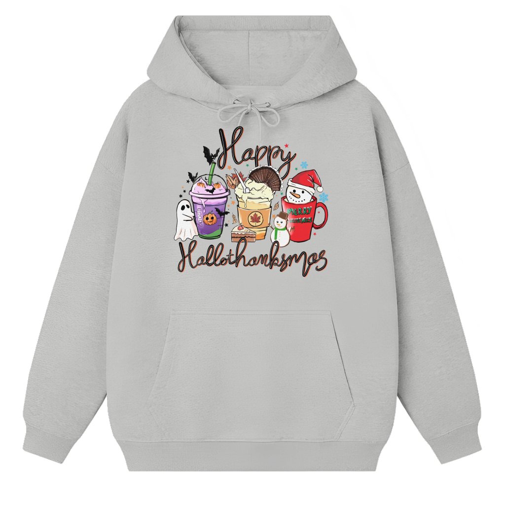 Funny Hallothanksmas Hoodie – Christmas Thanksgiving Gift Snowmen - front view