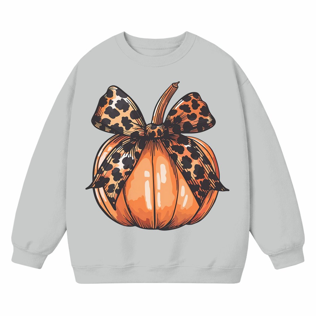 Leopard Pumpkin Bow Sweatshirt – Thanksgiving Halloween Gift for Her Spooky Fall - front view