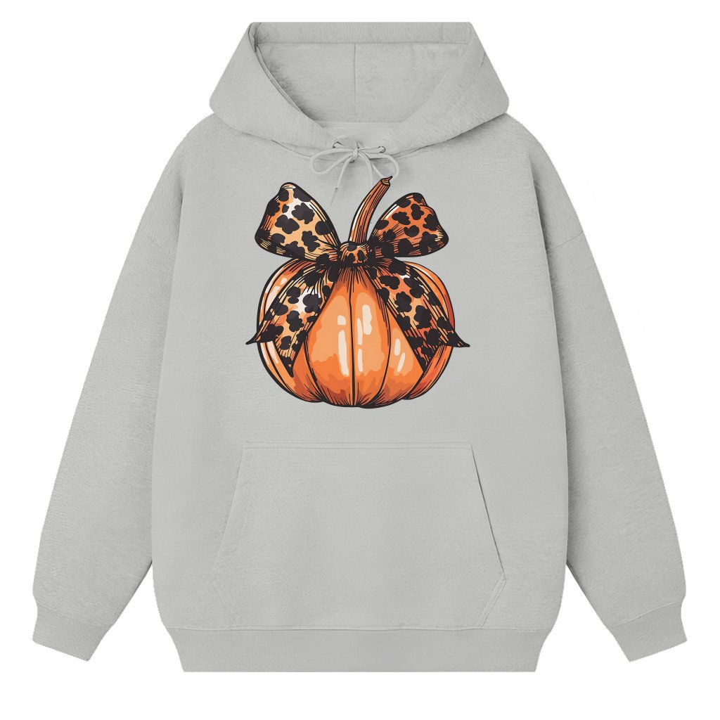 Cute Leopard Pumpkin Bow Hoodie – Thanksgiving Fall Gift for Her - front view