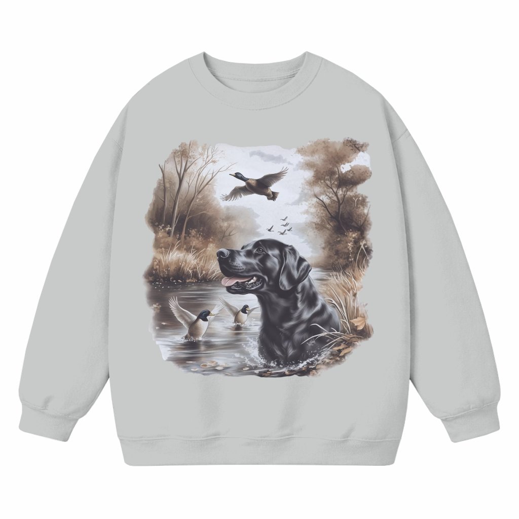 Black Lab Mallard Ducks Sweatshirt – Hunting Gift Retro 90s - front view
