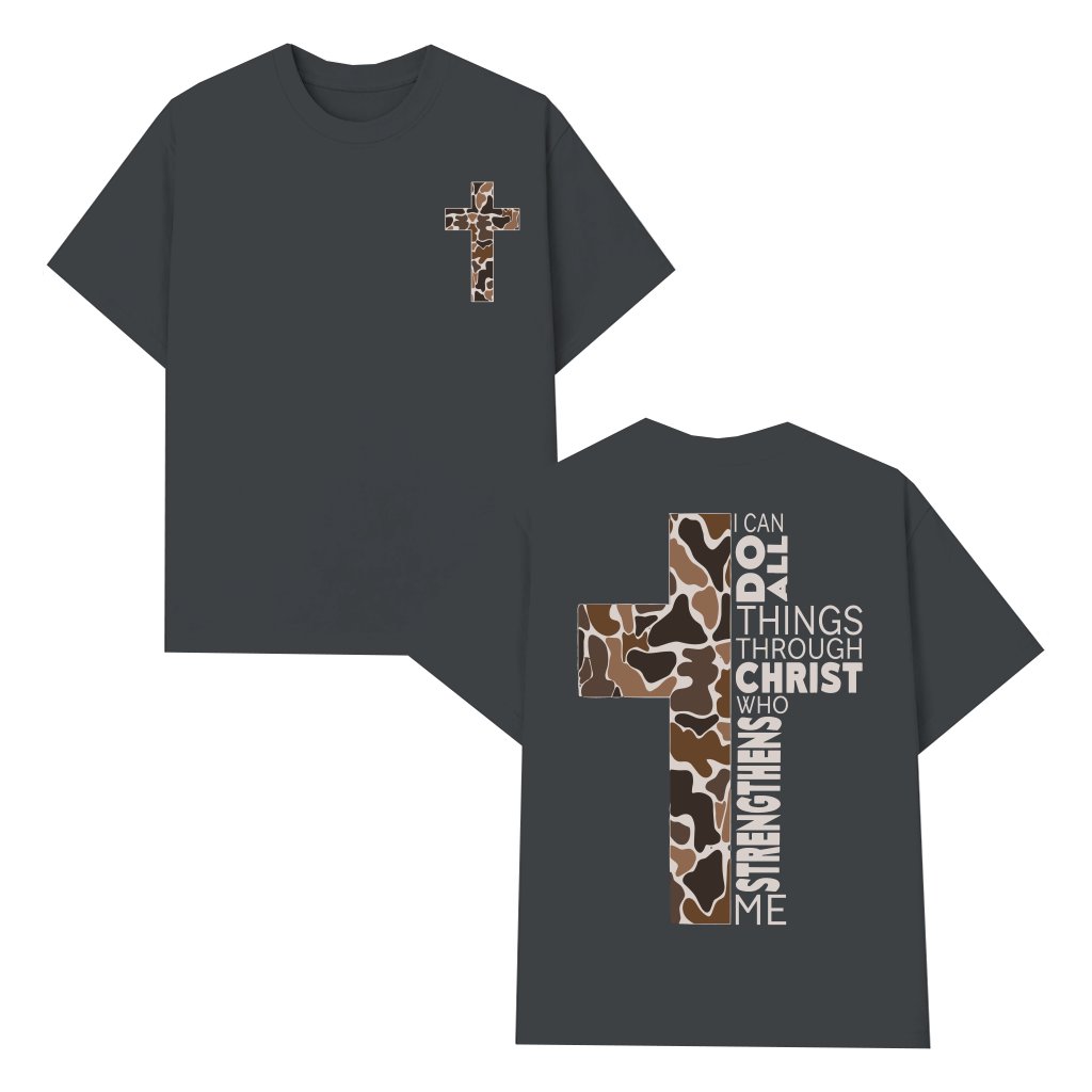 Philippians 4:13 Scripture Cross T-shirt – Christian Gift Camo Pattern - front view