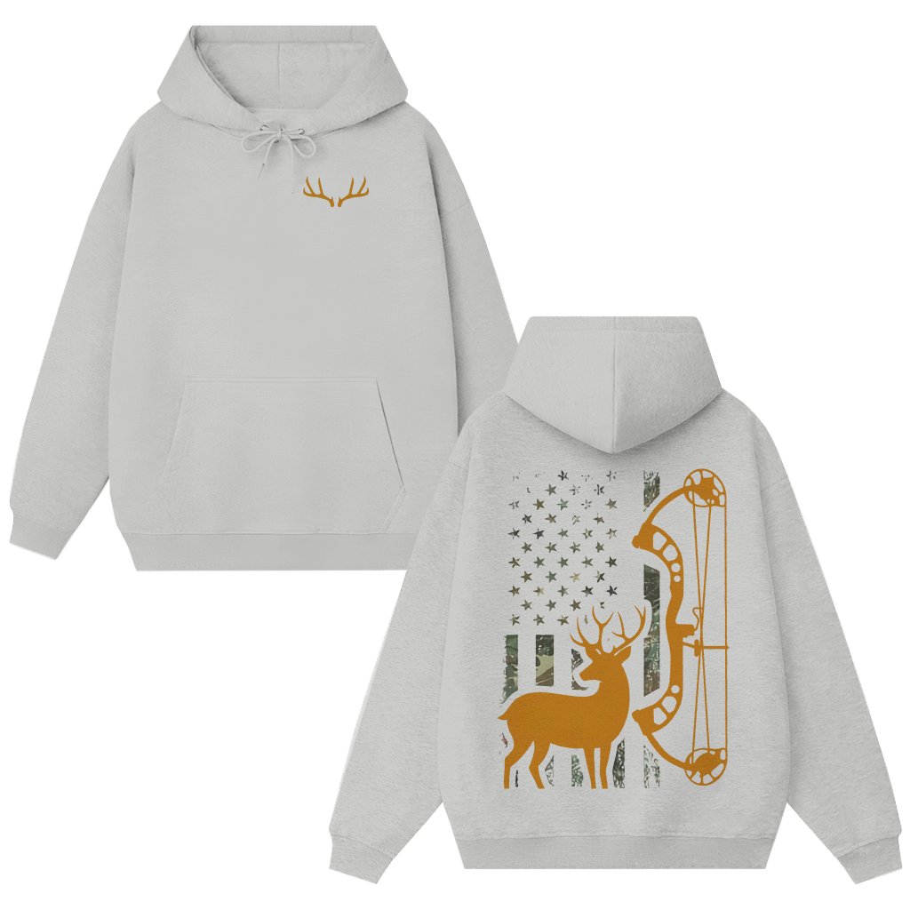 Deer Bow Hunting American Flag Hoodie – Hunter Gift Rustic - front view