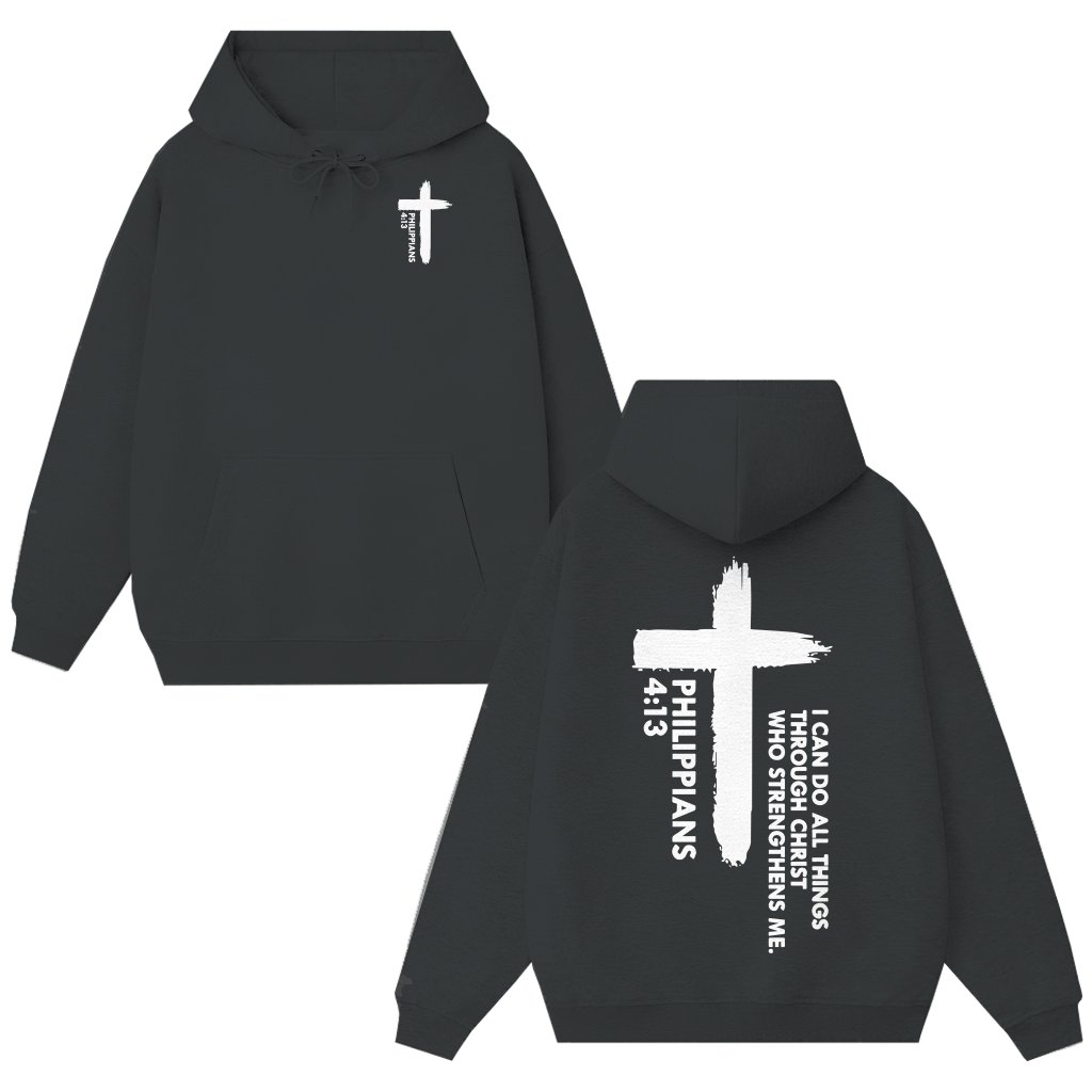 Philippians 4:13 Hoodie – Christian Gift for Men Inspirational Bible Verse Cross - front view