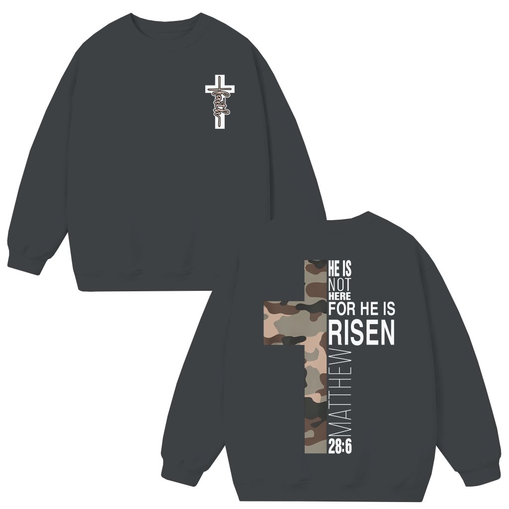 He Is Risen Camouflage Cross Sweatshirt – Christian Easter Gift - front view