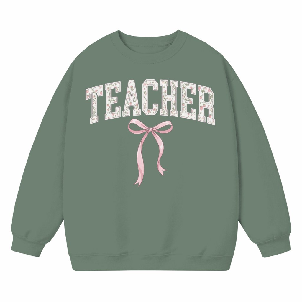 Coquette Floral Teacher Pink Bow Sweatshirt – Teacher Appreciation Back to School Gift for Teacher Cute - front view