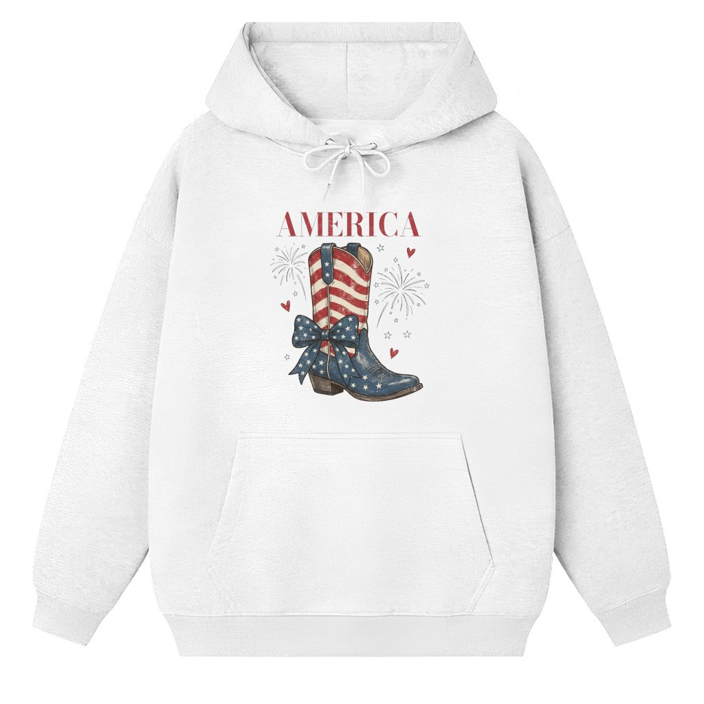Patriotic Cowgirl Boot Hoodie – 4th of July Gift for Country Girl Western Rodeo Coquette - front view