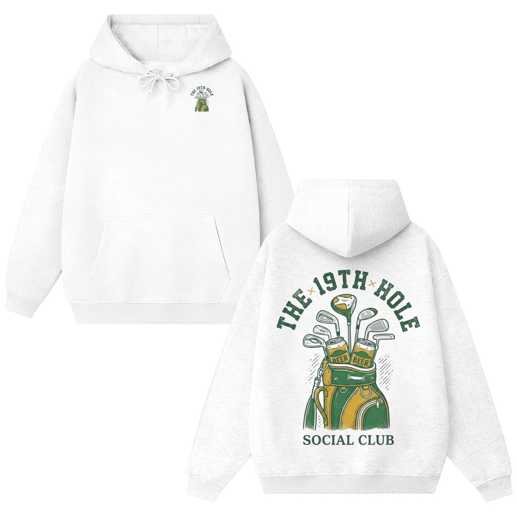 19th Hole Social Club Hoodie – Classic Golfer Gift for Men Vintage Golf Bag Graphic - front view