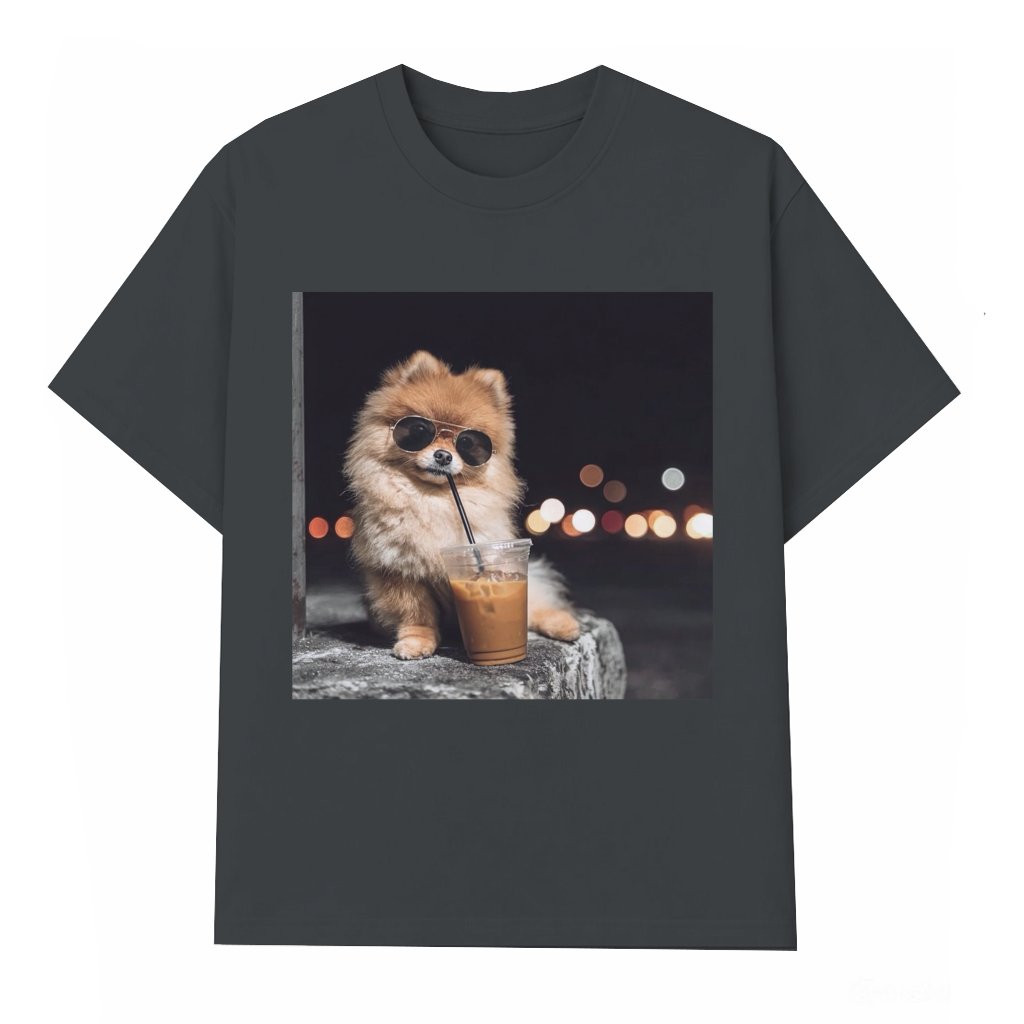 Funny Pomeranian Drinking Iced Coffee T-shirt, Vintage Pom Dog Shirt, Dog Mom Gift, Dog Dad Unisex Tee, Dog Lover Shirt - T-shirt - front view