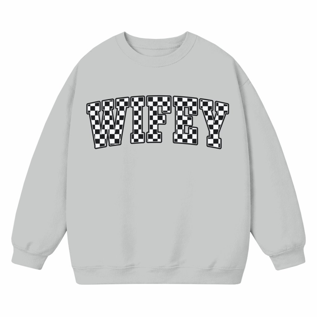 Checkered Wifey Sweatshirt– Bridal Shower Gift for Bride, Honeymoon Vibes Tee - front view