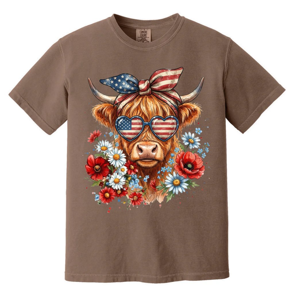 Retro Patriotic Highland Cow Comfort Colors T-Shirt – 4th of July Gift for Women, Cowgirl Tee - front view