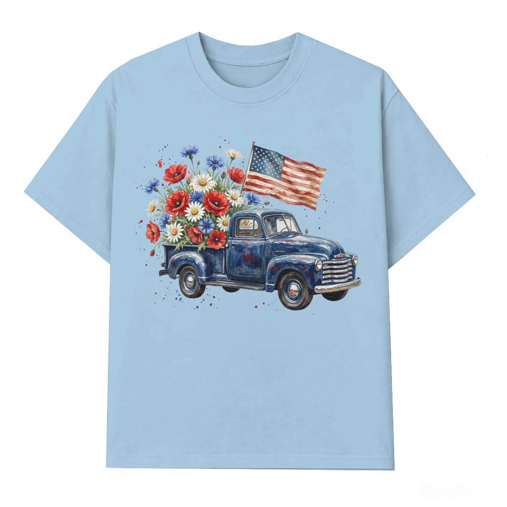 USA Flag Retro Truck T-Shirt – 4th of July Country Farmhouse Gift for Her, Patriotic Tee - front view