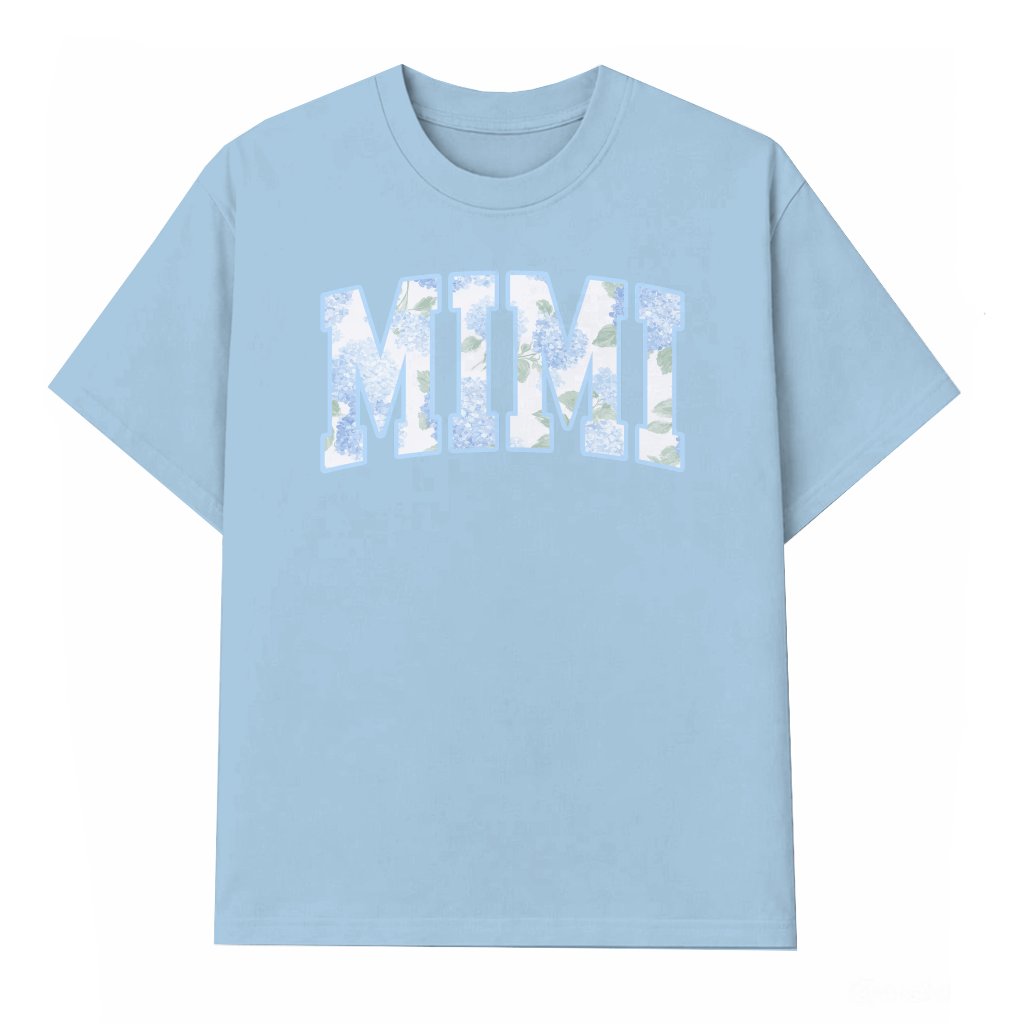 Hydrangea Blue Mimi T-Shirt - Mother's Day Gift for Grandmother, Preppy Floral Mimi - front view