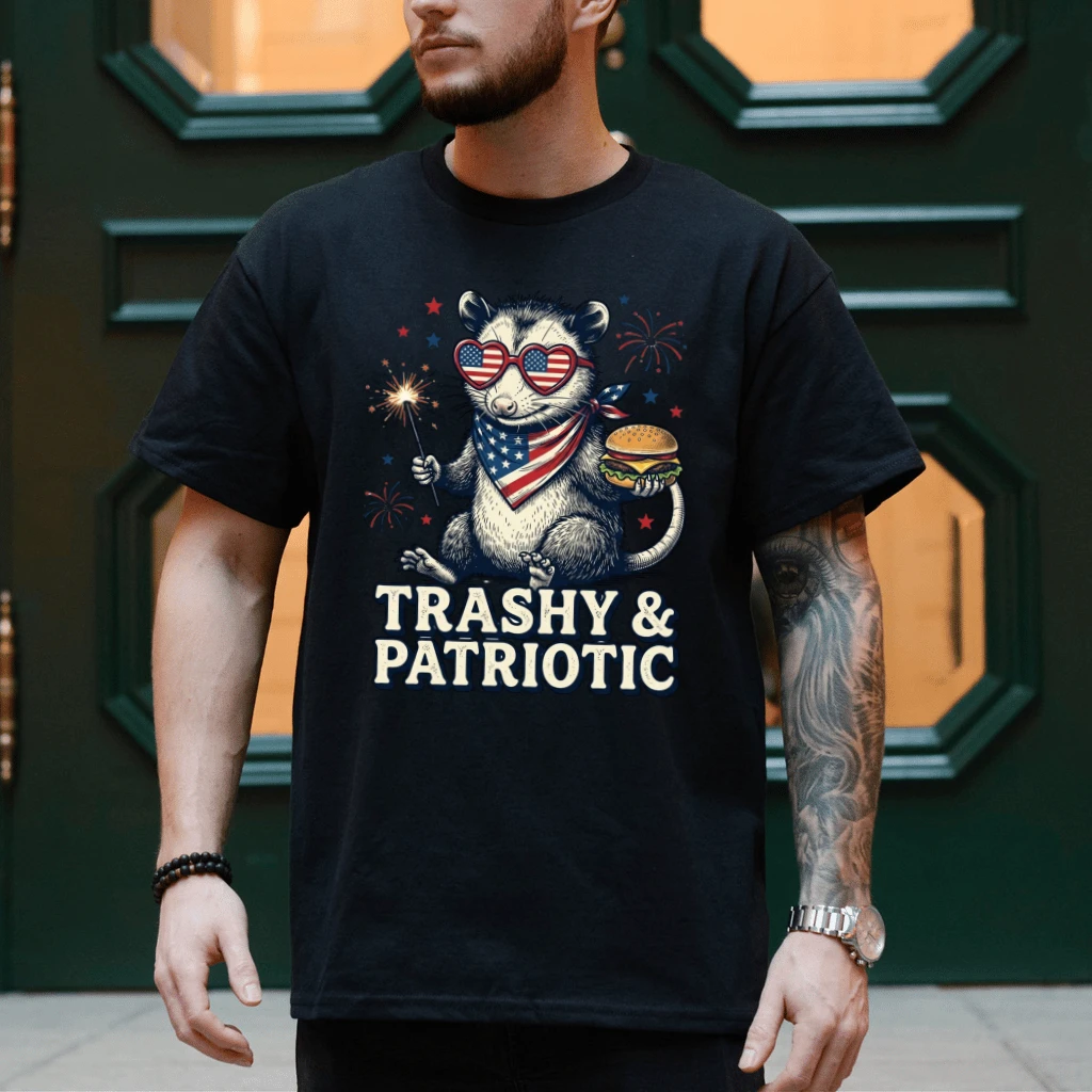 Trashy & Patriotic Possum T-Shirt – Funny 4th of July Gift for America 250th Anniversary, Sarcastic Tee - back view