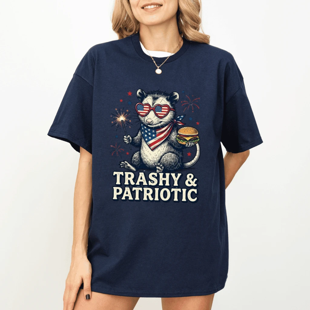 Trashy & Patriotic Possum T-Shirt – Funny 4th of July Gift for America 250th Anniversary, Sarcastic Tee - detail view
