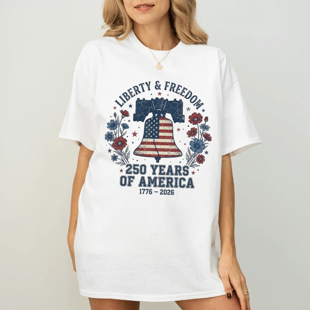Liberty & Freedom 250 Years T-Shirt – 4th of July Gift for Her, Patriotic Bell Floral USA Tee - back view