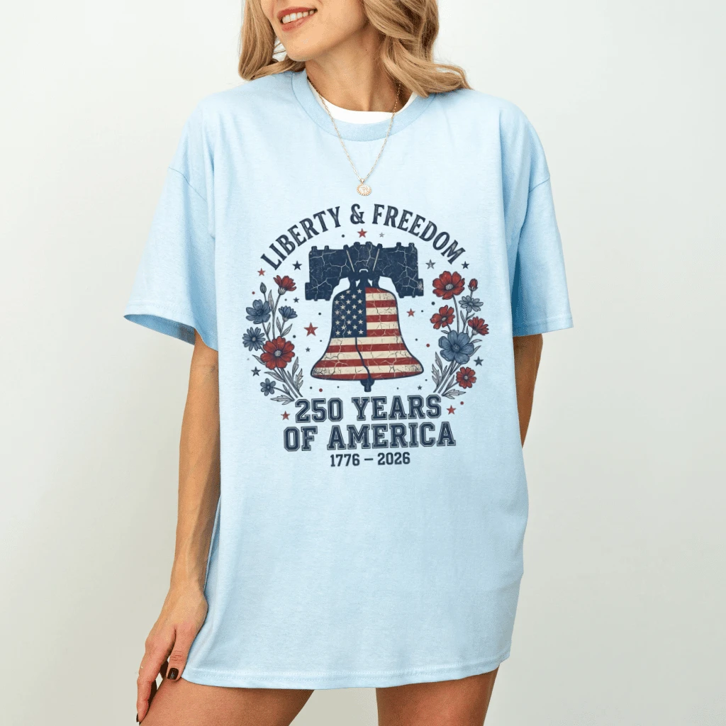 Liberty & Freedom 250 Years T-Shirt – 4th of July Gift for Her, Patriotic Bell Floral USA Tee - detail view