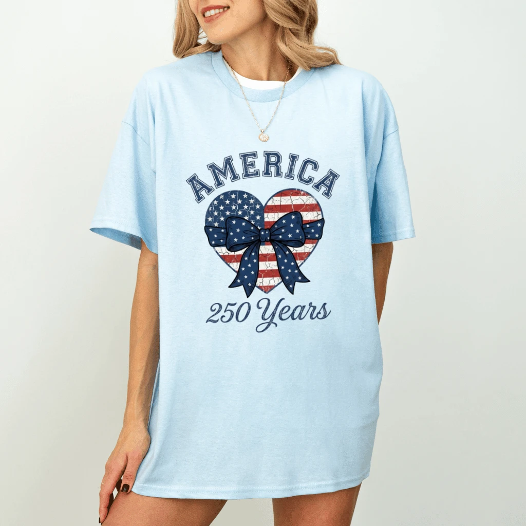 America 250 Years Coquette Bow T-Shirt – 4th of July Gift for Her, Patriotic USA Anniversary Tee - detail view