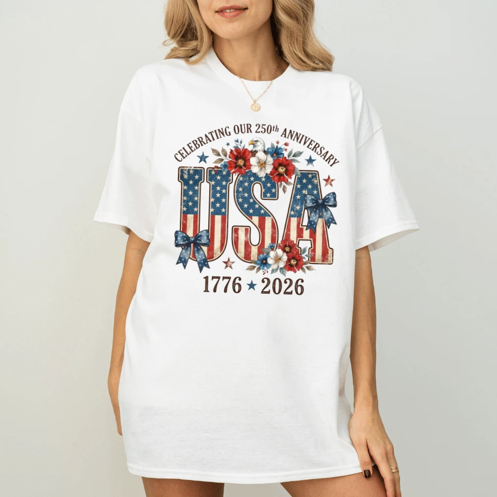USA 1776 2026 Celebrating 250th Anniversary T-Shirt – 4th of July Gift for Her, Patriotic Floral Tee - back view