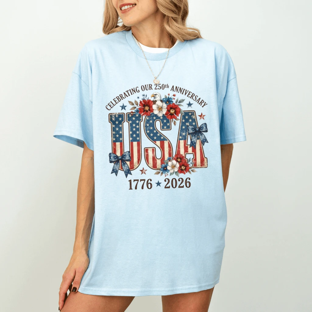 USA 1776 2026 Celebrating 250th Anniversary T-Shirt – 4th of July Gift for Her, Patriotic Floral Tee - detail view