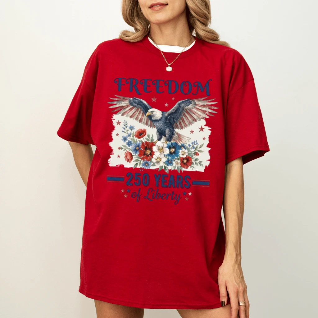 Freedom Eagle 250 Years of Liberty T-Shirt – 4th of July Gift for Her, Patriotic Floral USA Tee - detail view