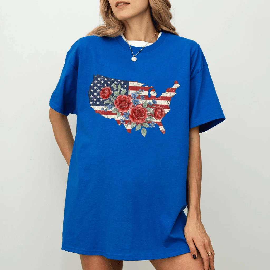USA Floral Roses T-Shirt – 4th of July Gift for Her, Patriotic America Wildflower Country Tee - back view