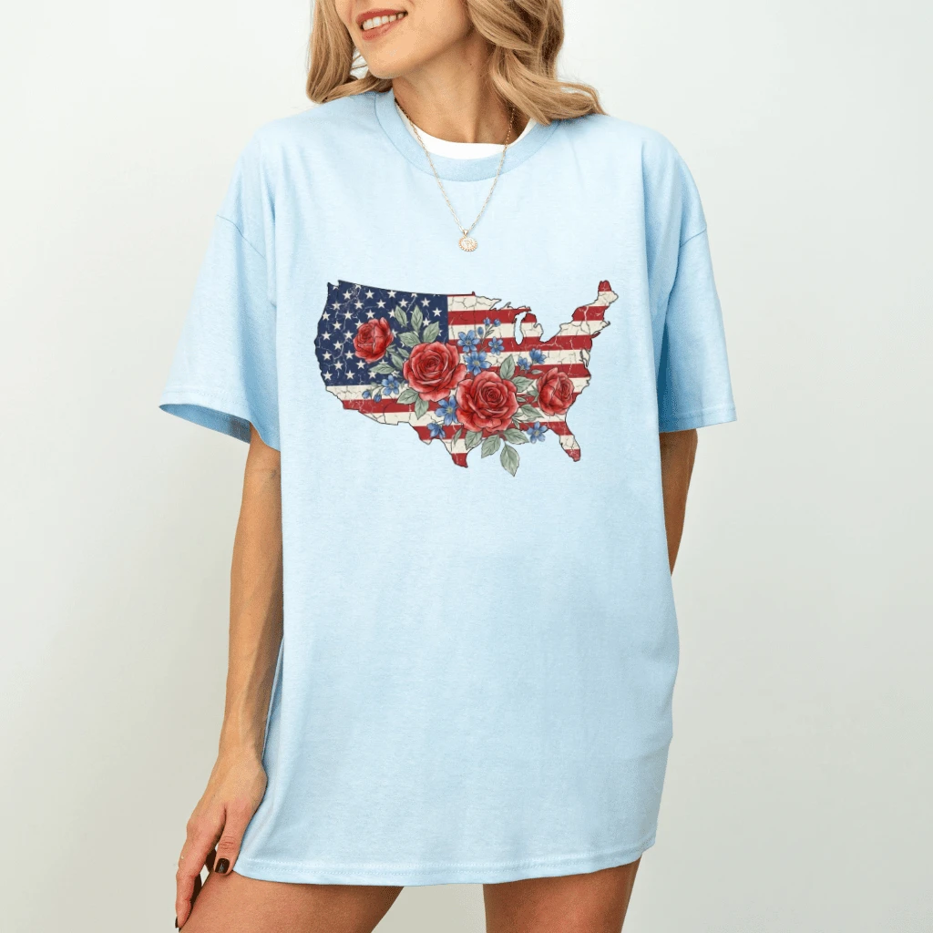 USA Floral Roses T-Shirt – 4th of July Gift for Her, Patriotic America Wildflower Country Tee - detail view
