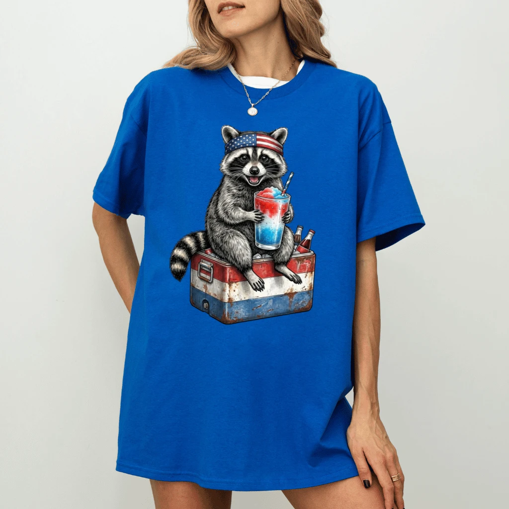 Patriotic Raccoon T-Shirt – Funny 4th of July Gift for Semiquincentennial, USA Cooler Tee - detail view