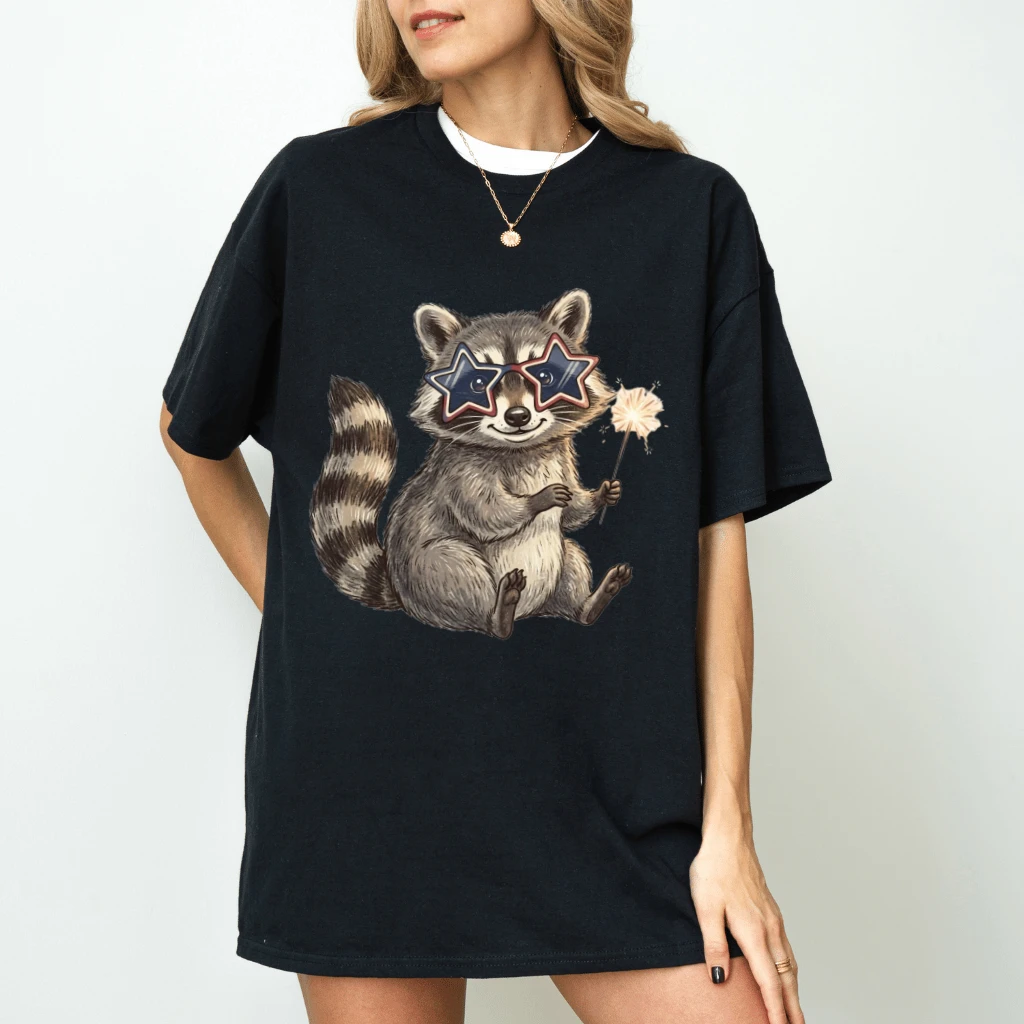 Funny Raccoon Star Sunglasses T-Shirt – 4th of July Gift for Her, Patriotic USA Sparkler Tee - back view