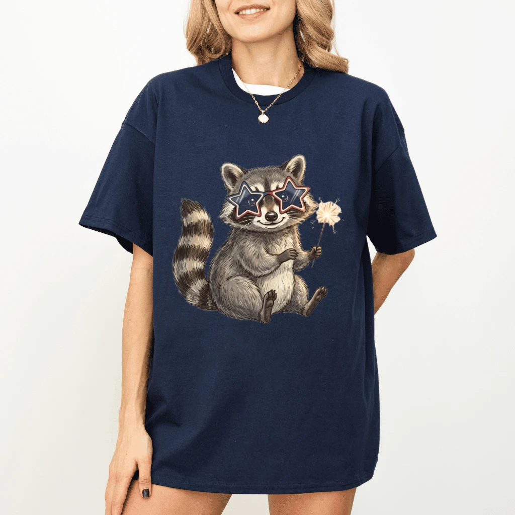 Funny Raccoon Star Sunglasses T-Shirt – 4th of July Gift for Her, Patriotic USA Sparkler Tee - detail view